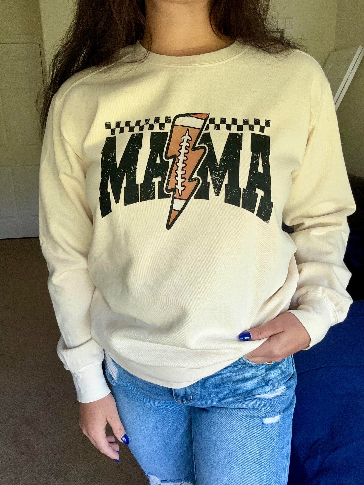 Checkered Football Mama Crewneck Sweat Shirt